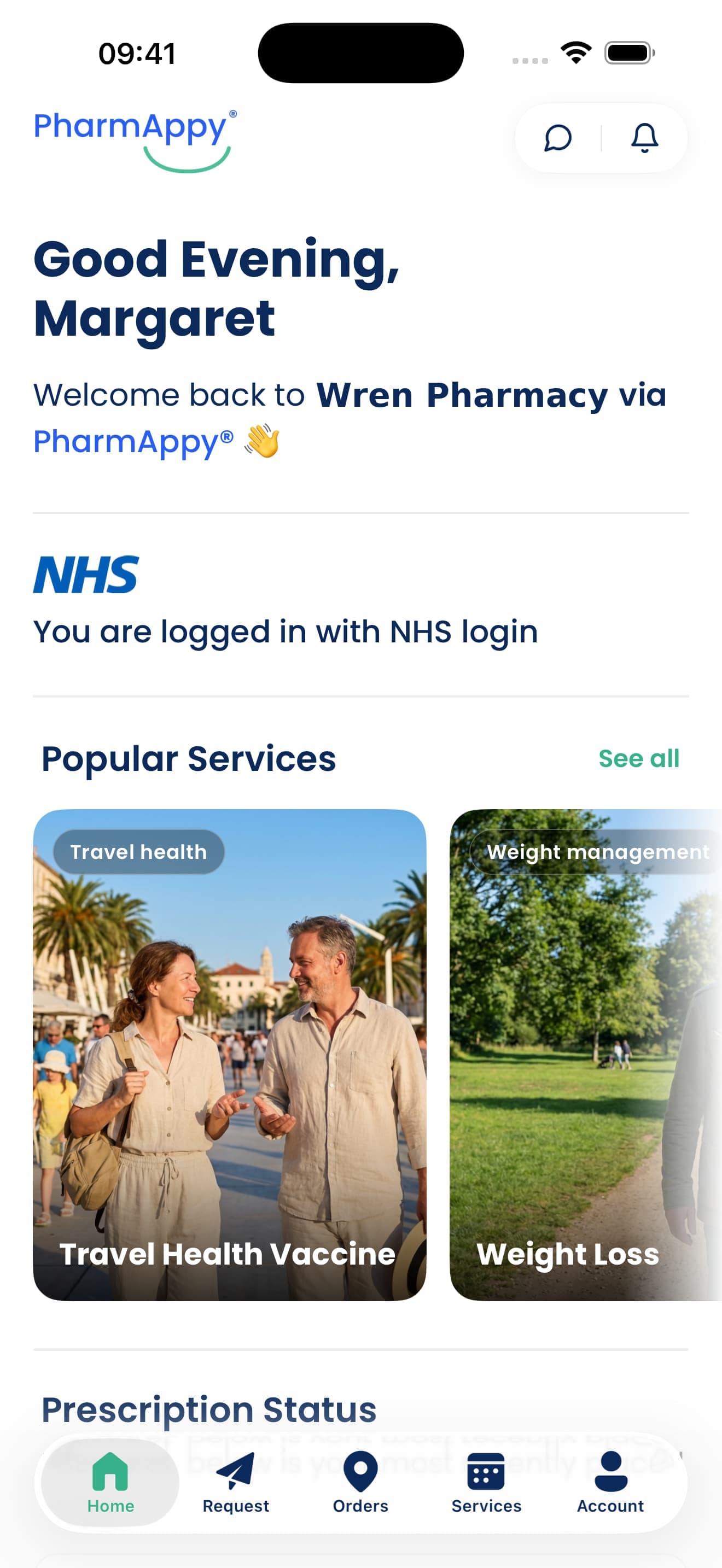 The PharmAppy app, showing NHS login, popular services and prescription status